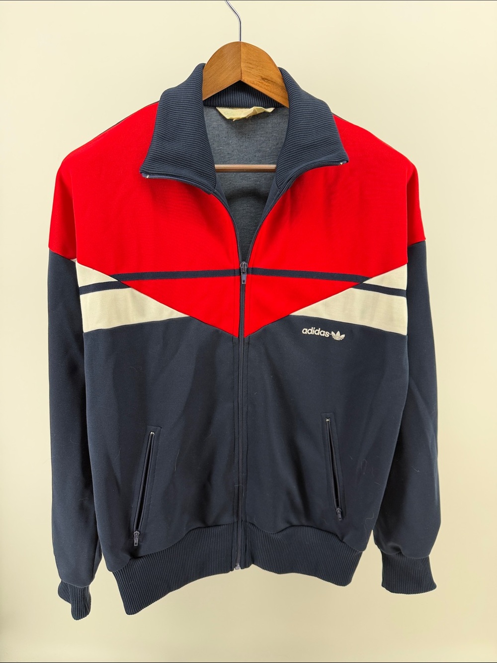 Vintage adidas Men’s Red, Navy and Cream Zip-Up Track Sweater
